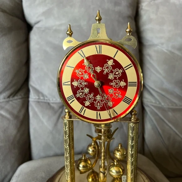 Vintage Red and Gold Wall Clock with Glass Dome